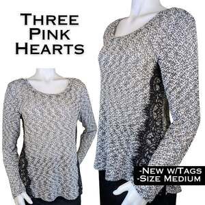 Three Pink Hearts Trixxi Top Medium Black White Marled High Low Lace Accents NEW